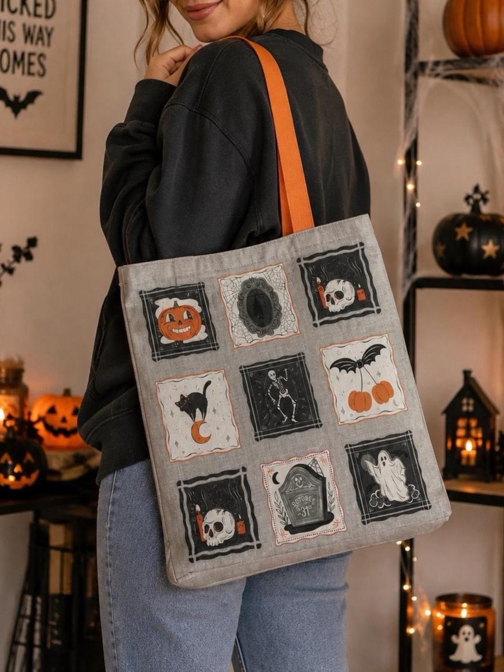 Cynthia Rowley Halloween Icon Canvas Tote Bag | Spooky Vintage Patchwork - Picture 2 of 4